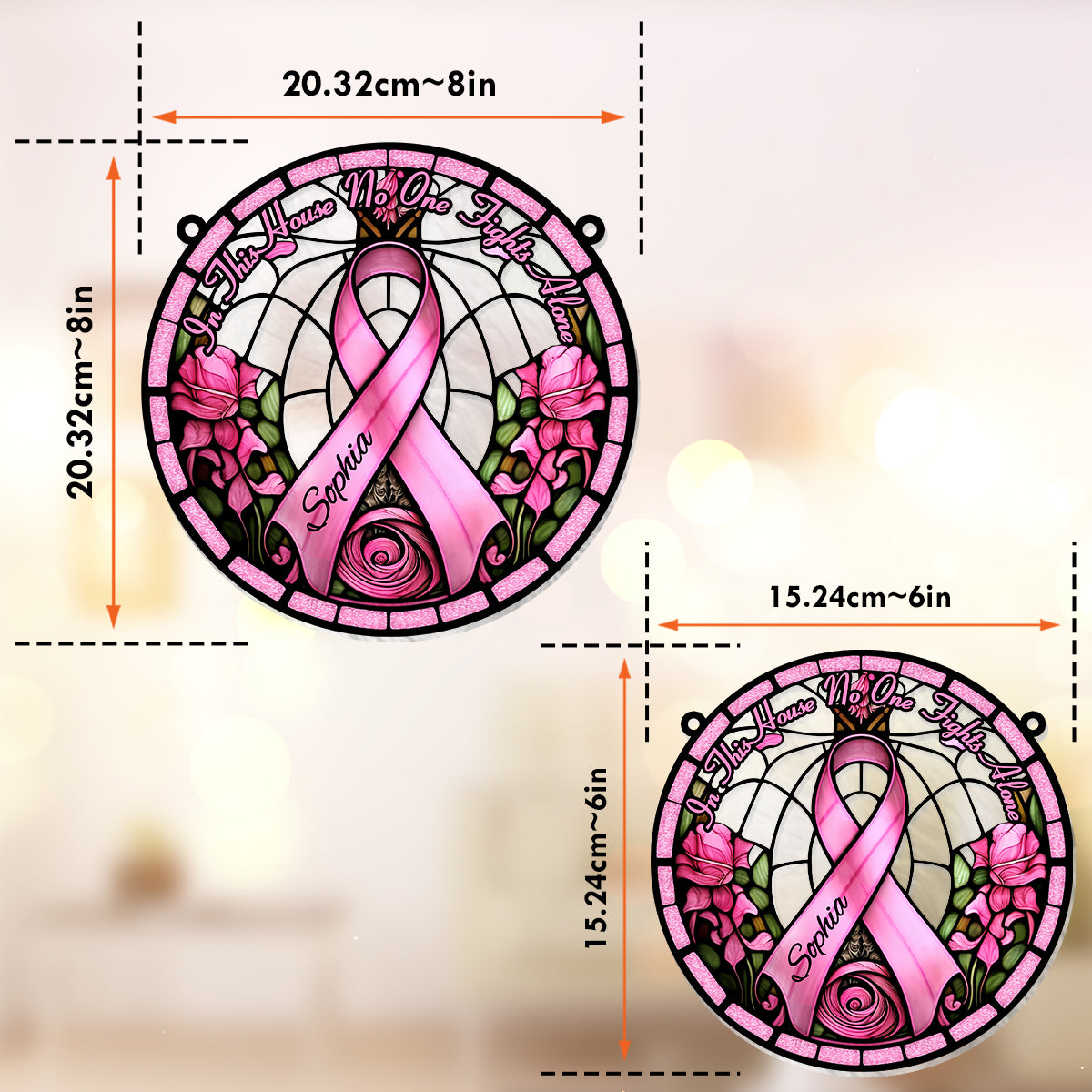 In This House No One Fights Alone - Personalized Breast Cancer Awareness Window Hanging Suncatcher Ornament