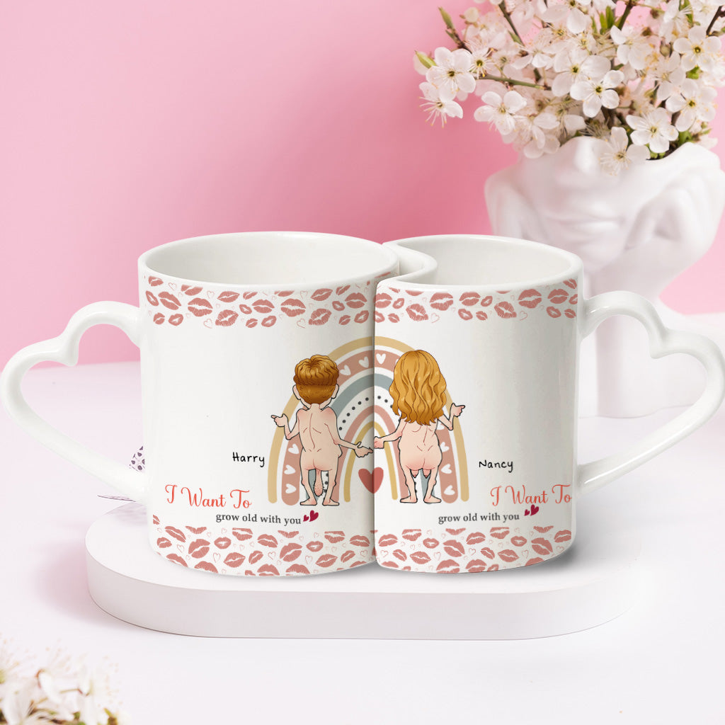 I Want To grow old with you - Personalized Couple Matching Heart Handle Mug