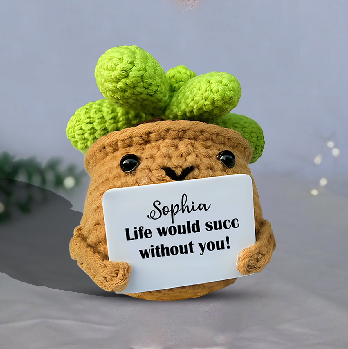Crochet Cactus With Positive Quote - Personalized Cactus Hand Knitted Figurine