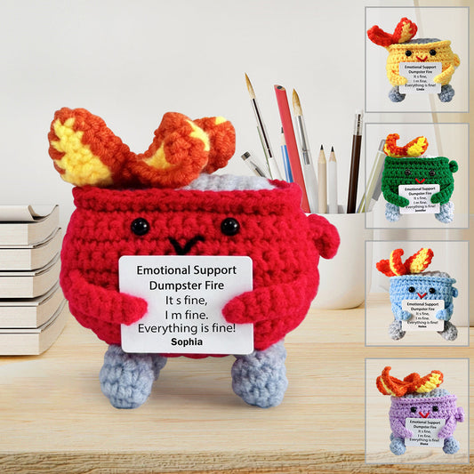 Cute Emotional Support Dumpster Fire Crochet - Personalized Colleague Hand Knitted Figurine