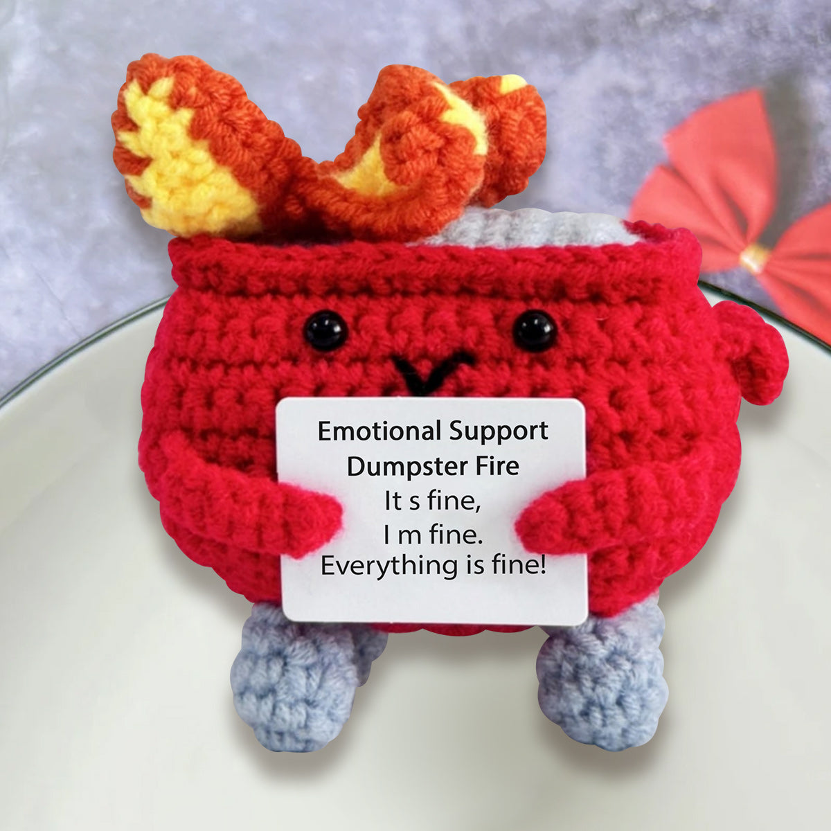 Cute Emotional Support Dumpster Fire Crochet - Personalized Colleague Hand Knitted Figurine