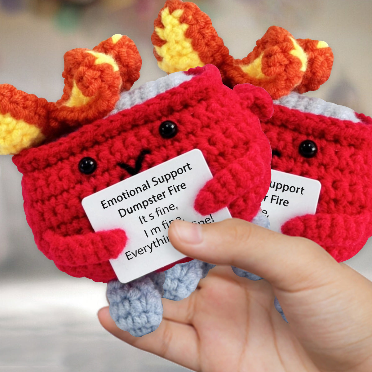 Cute Emotional Support Dumpster Fire Crochet - Personalized Colleague Hand Knitted Figurine