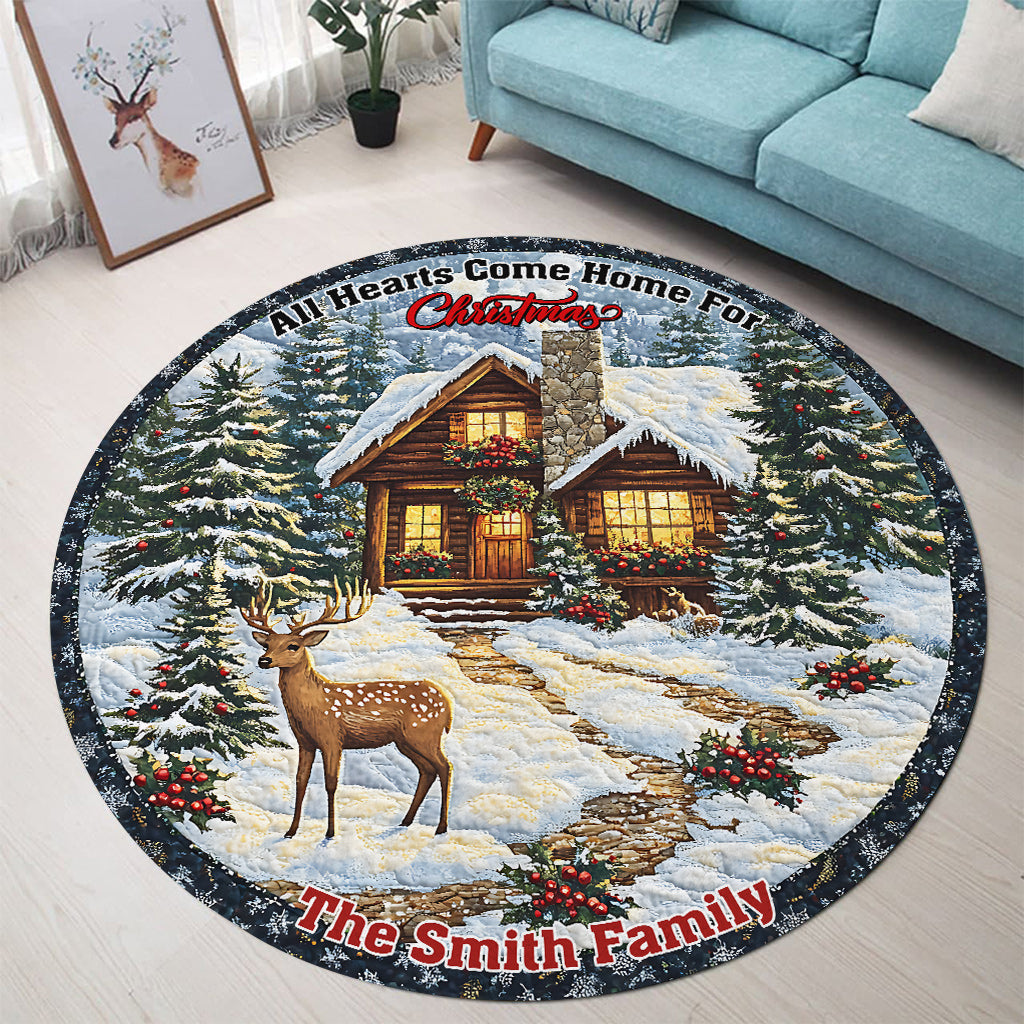 All Hearts Come Home For Christmas - Personalized Family Round Rug