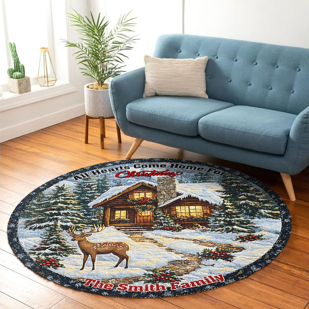 All Hearts Come Home For Christmas - Personalized Family Round Rug