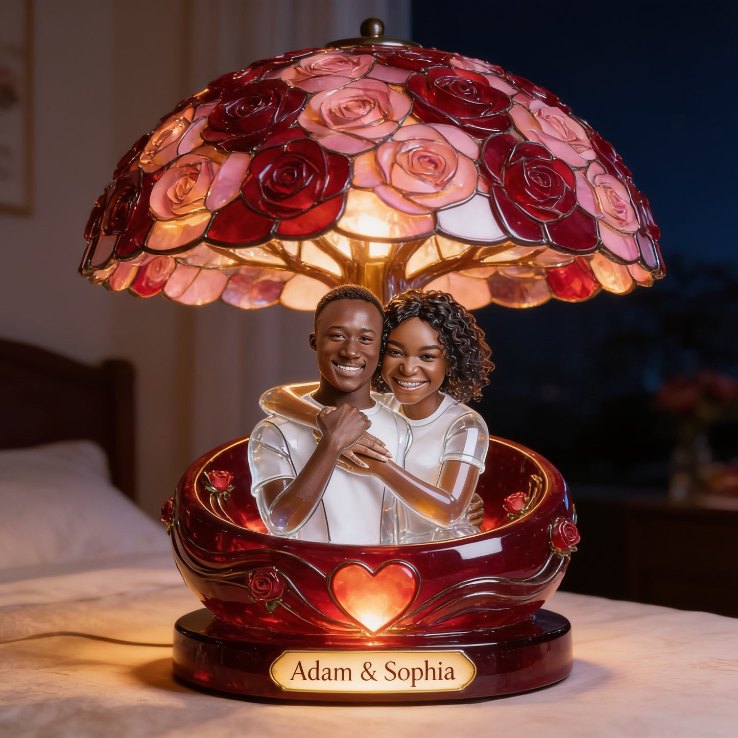 Personalized Black Couple Table Lamp Figurine Statue - Custom Young Black Love Anniversary Rose Shade Night Light Gift