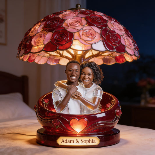 Personalized Black Couple Table Lamp Figurine Statue - Custom Young Black Love Anniversary Rose Shade Night Light Gift