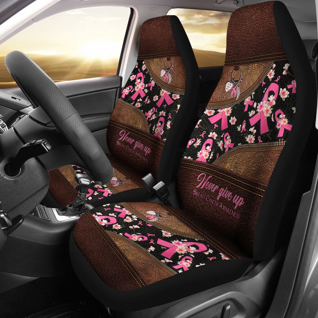 Never Give Up Leather Pattern Print Breast Cancer Awareness Seat Covers 0622