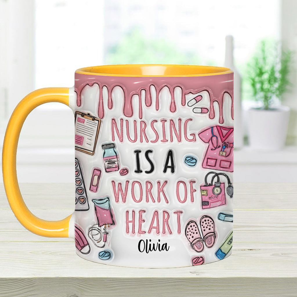 Nursing Is A Work Of Heart - Personalized Nurse Accent Mug