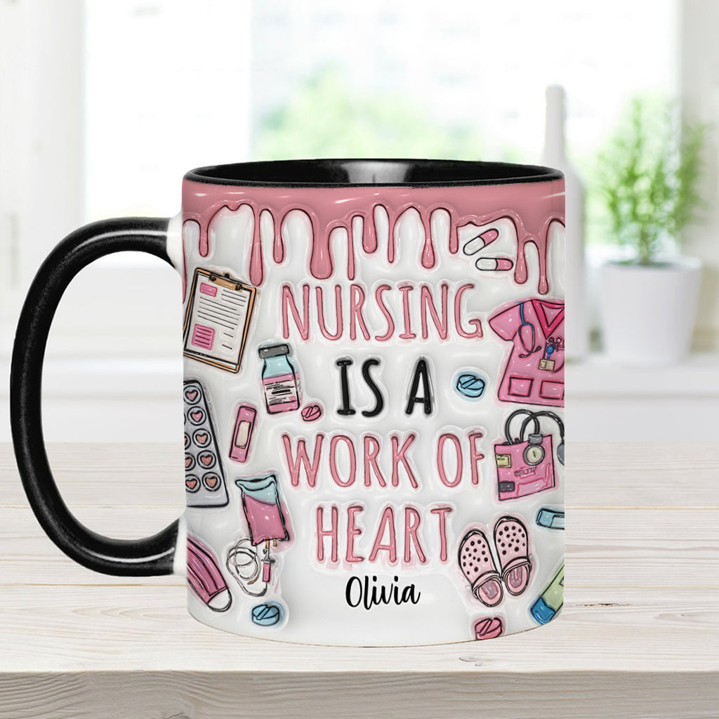Nursing Is A Work Of Heart - Personalized Nurse Accent Mug