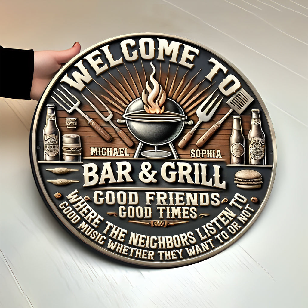 Patio Grilling Listen To The Good Music - Personalized Couple Round Wood Sign