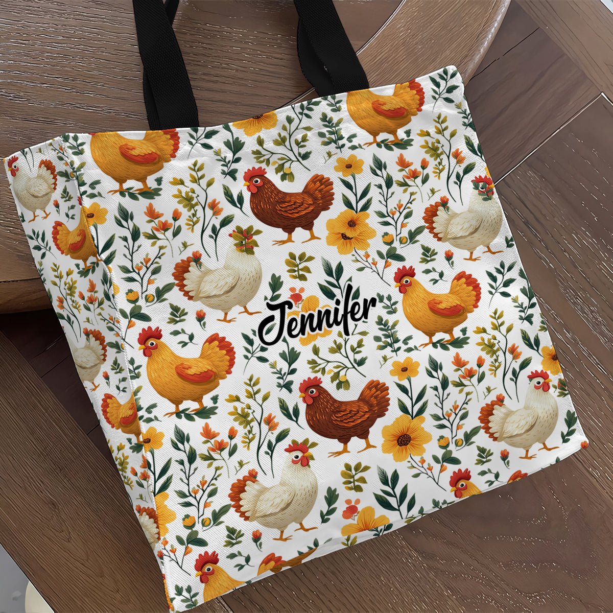 Cute Floral Chickens - Personalized Chicken All-Over Print Canvas Tote Bag