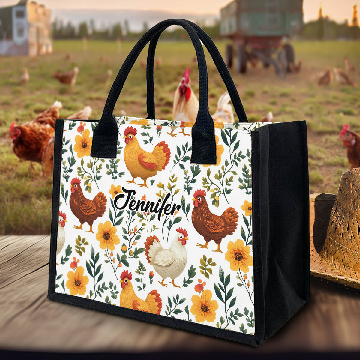 Cute Floral Chickens - Personalized Chicken Canvas Tote Bag