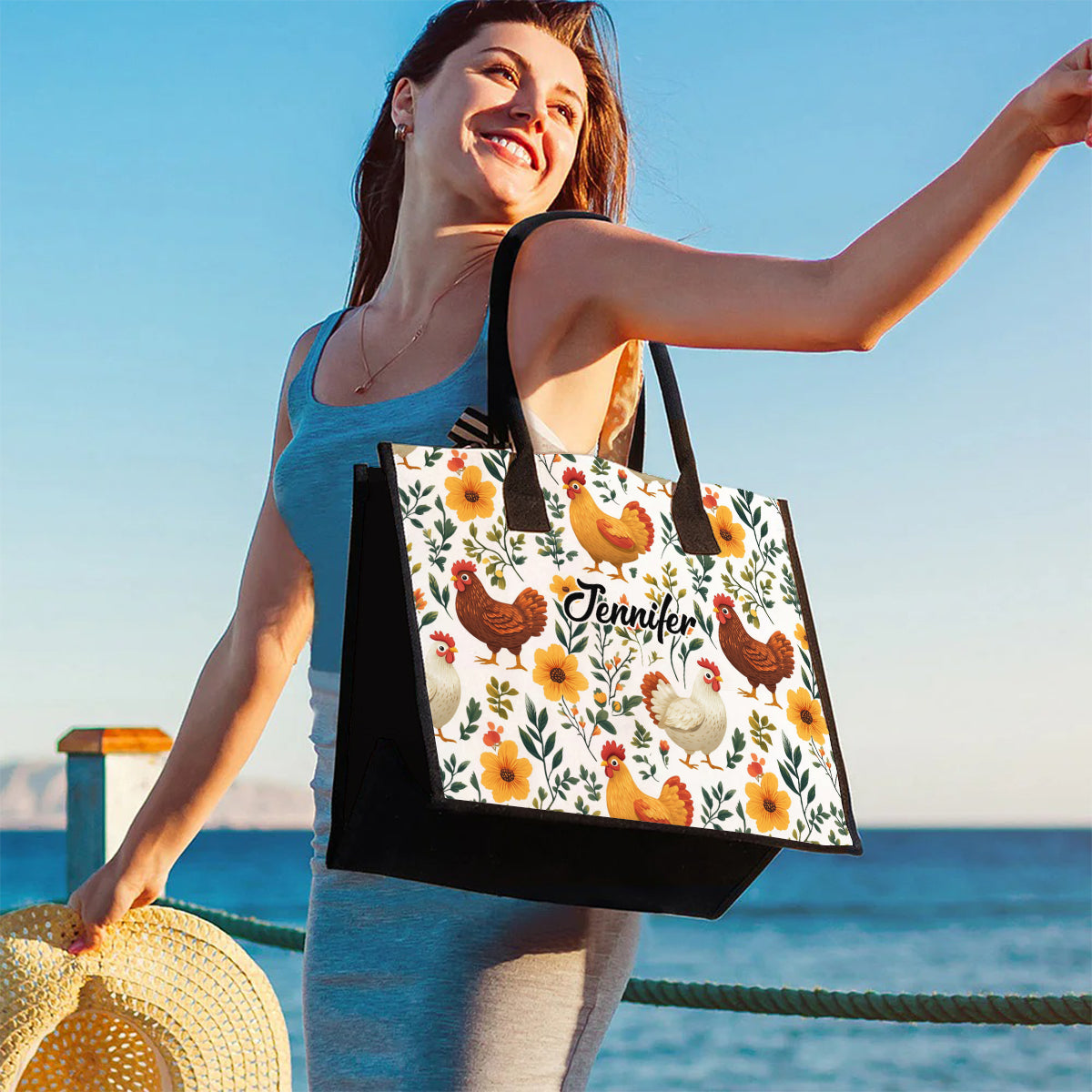 Cute Floral Chickens - Personalized Chicken Canvas Tote Bag