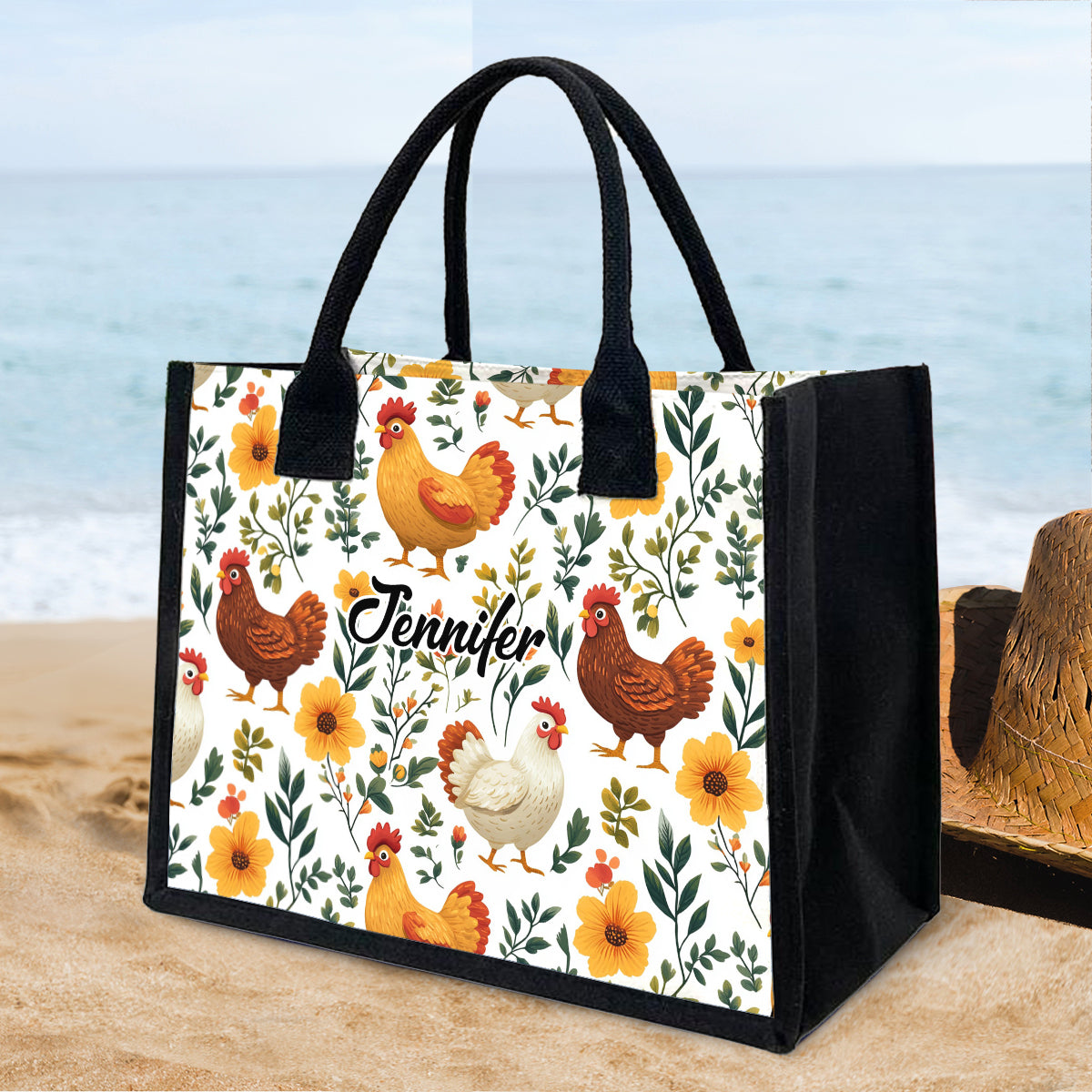 Cute Floral Chickens - Personalized Chicken Canvas Tote Bag