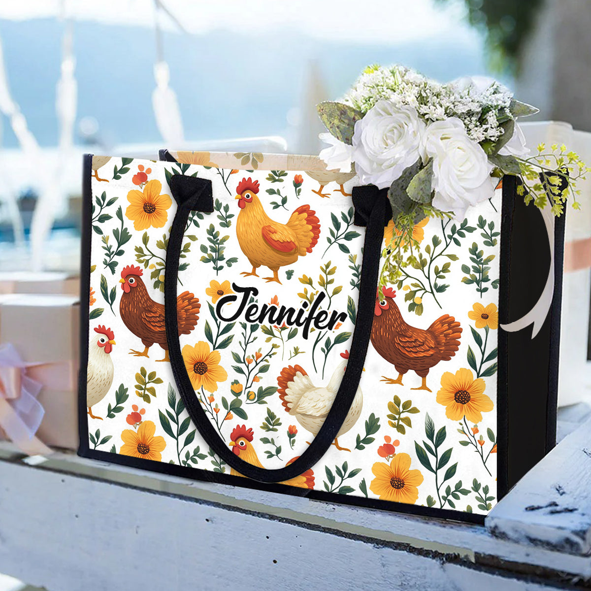 Cute Floral Chickens - Personalized Chicken Canvas Tote Bag