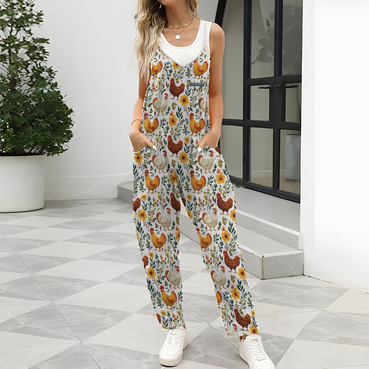 Floral Chicken - Personalized Chicken Loose-Fit Overalls/ Rompers