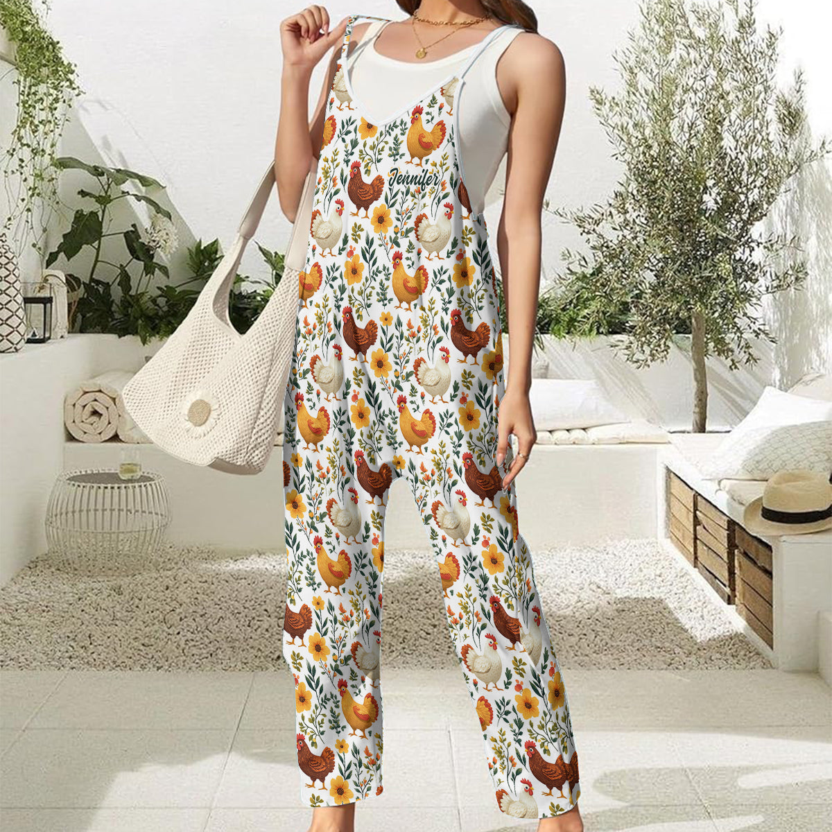 Floral Chicken - Personalized Chicken Loose-Fit Overalls/ Rompers