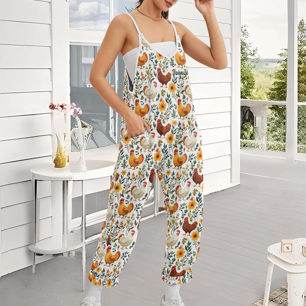 Floral Chicken - Personalized Chicken Loose-Fit Overalls/ Rompers