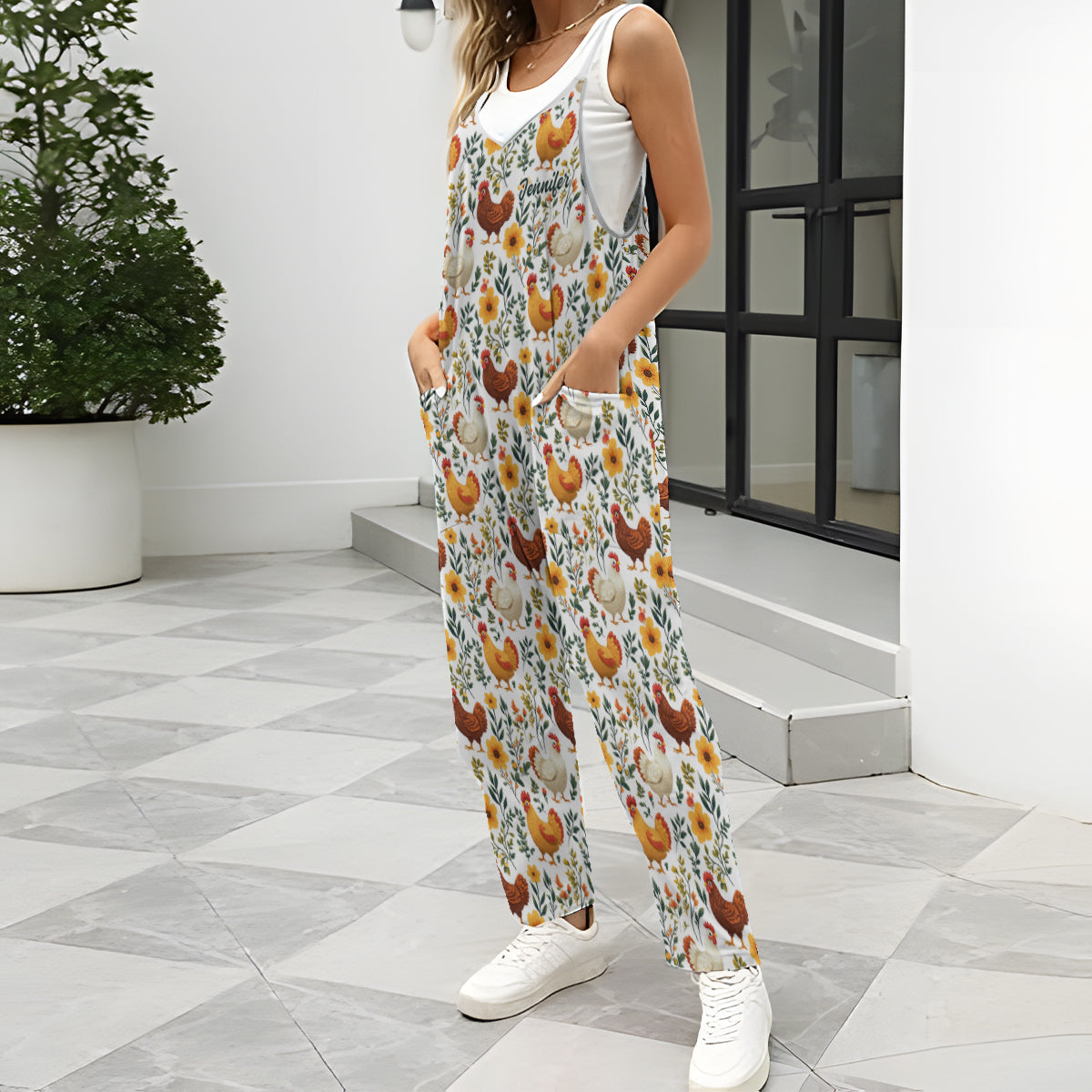 Floral Chicken - Personalized Chicken Loose-Fit Overalls/ Rompers
