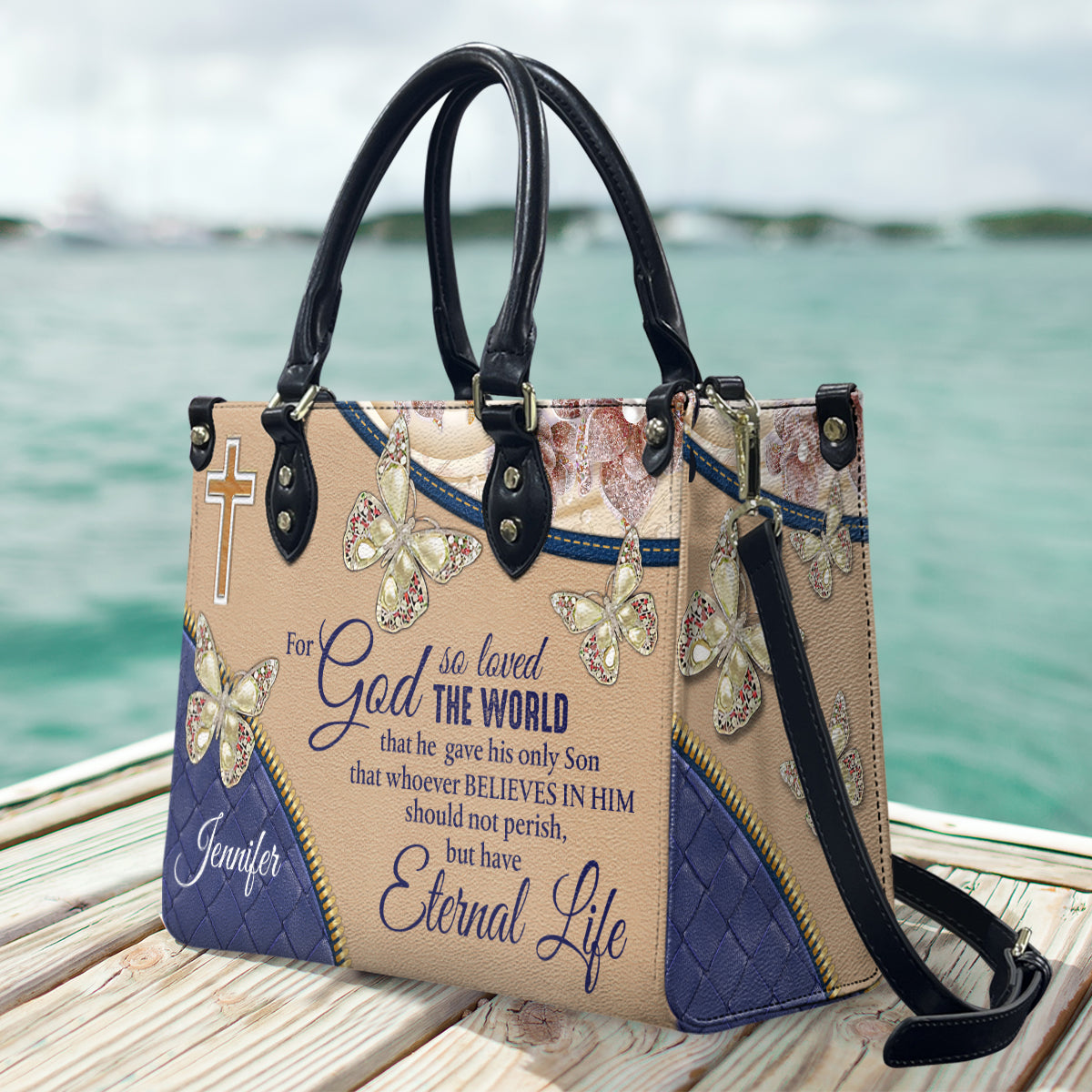 For God So Loved The World - Personalized Butterfly Leather Handbag