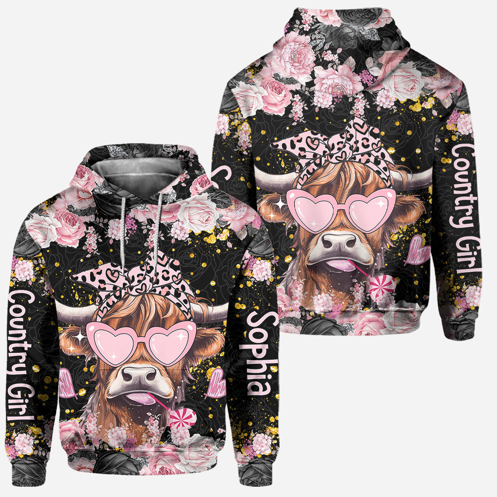 Black And Pink - Personalized Highland Cow Hoodie and Leggings