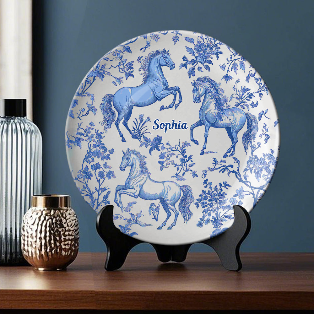 Horse Blue & White Toile de Jouy - Personalized Horse Ceramic Round Plate