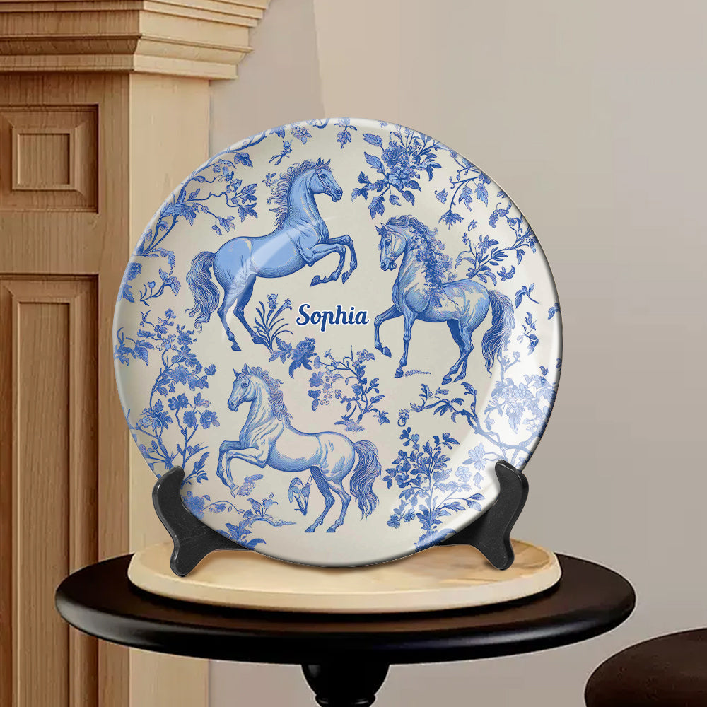 Horse Blue & White Toile de Jouy - Personalized Horse Ceramic Round Plate