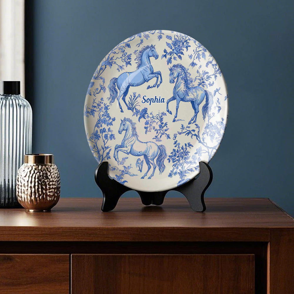 Horse Blue & White Toile de Jouy - Personalized Horse Ceramic Round Plate