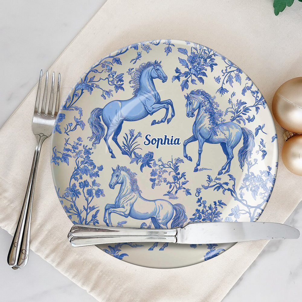 Horse Blue & White Toile de Jouy - Personalized Horse Ceramic Round Plate