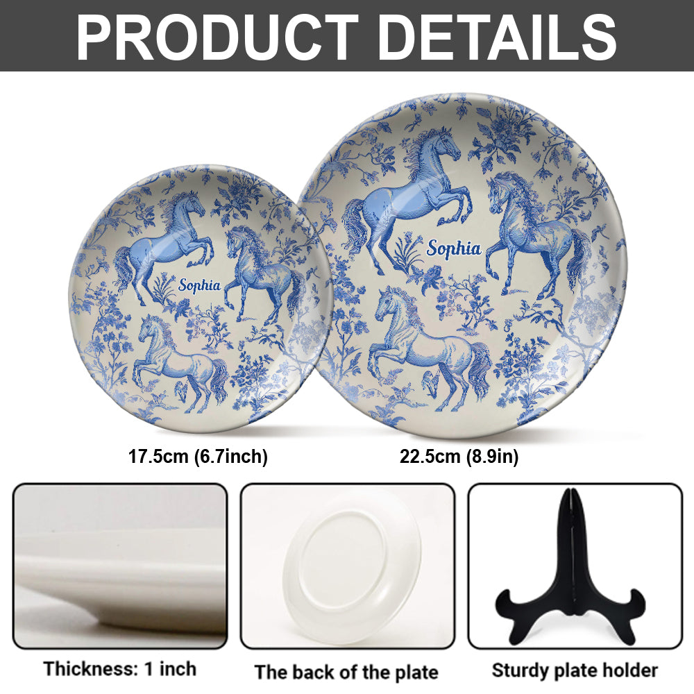 Horse Blue & White Toile de Jouy - Personalized Horse Ceramic Round Plate
