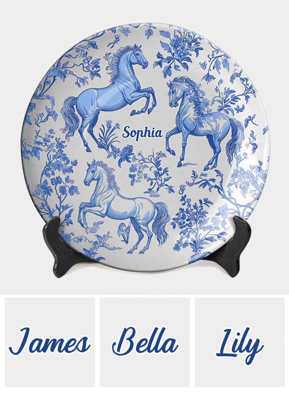 Horse Blue & White Toile de Jouy - Personalized Horse Ceramic Round Plate