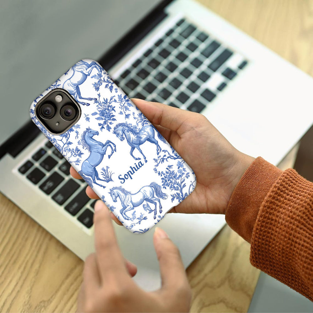 Horse Blue & White Toile de Jouy - Personalized Horse Full Print Phone Case