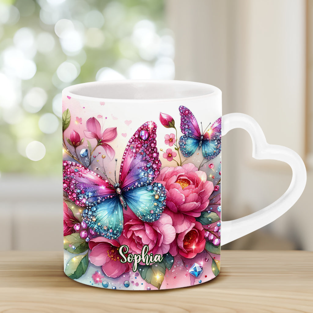 Sparkle Butterfly - Personalized Butterfly Heart Handle Mug