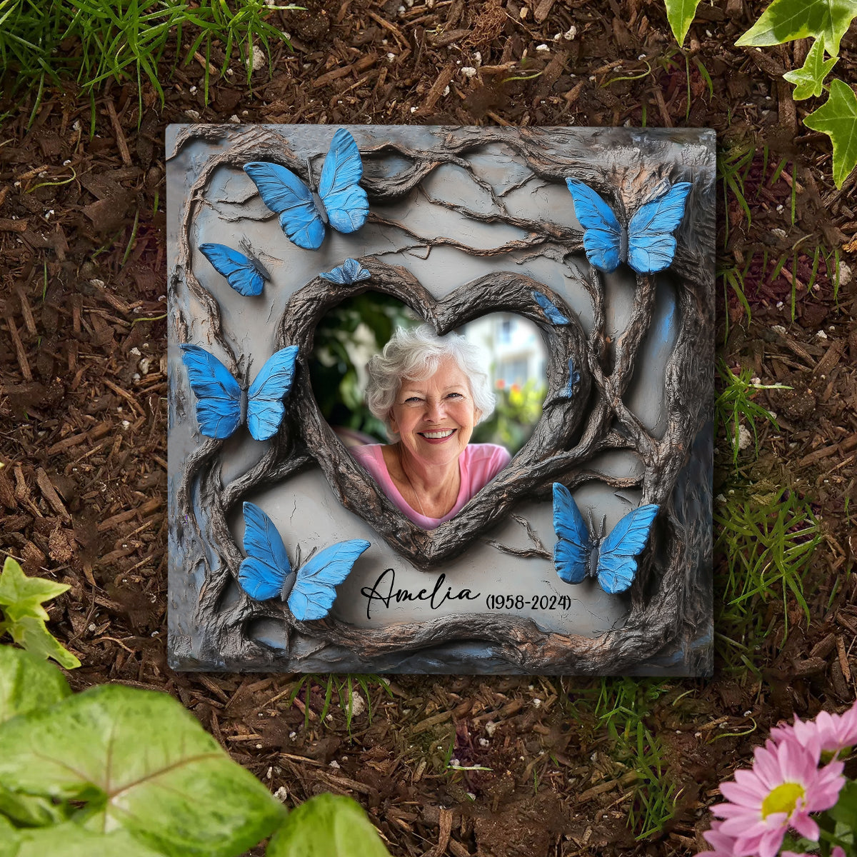 In Loving Memory Blue Butterfly - Personalized Memorial Square Shaped Stone