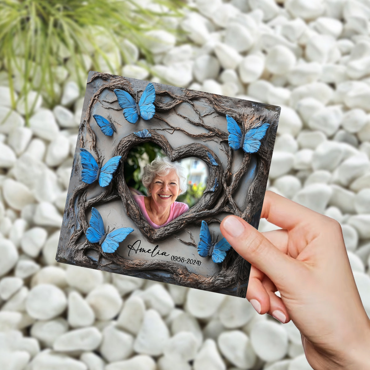 In Loving Memory Blue Butterfly - Personalized Memorial Square Shaped Stone