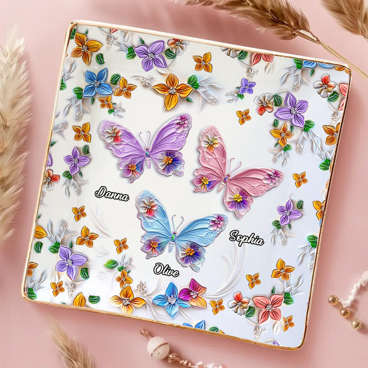 Bestie Floral Butterflies - Personalized Bestie Fully Printed Jewelry Dish