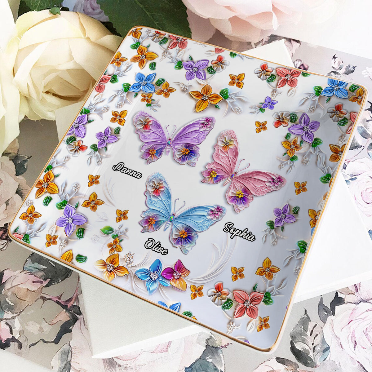 Bestie Floral Butterflies - Personalized Bestie Fully Printed Jewelry Dish