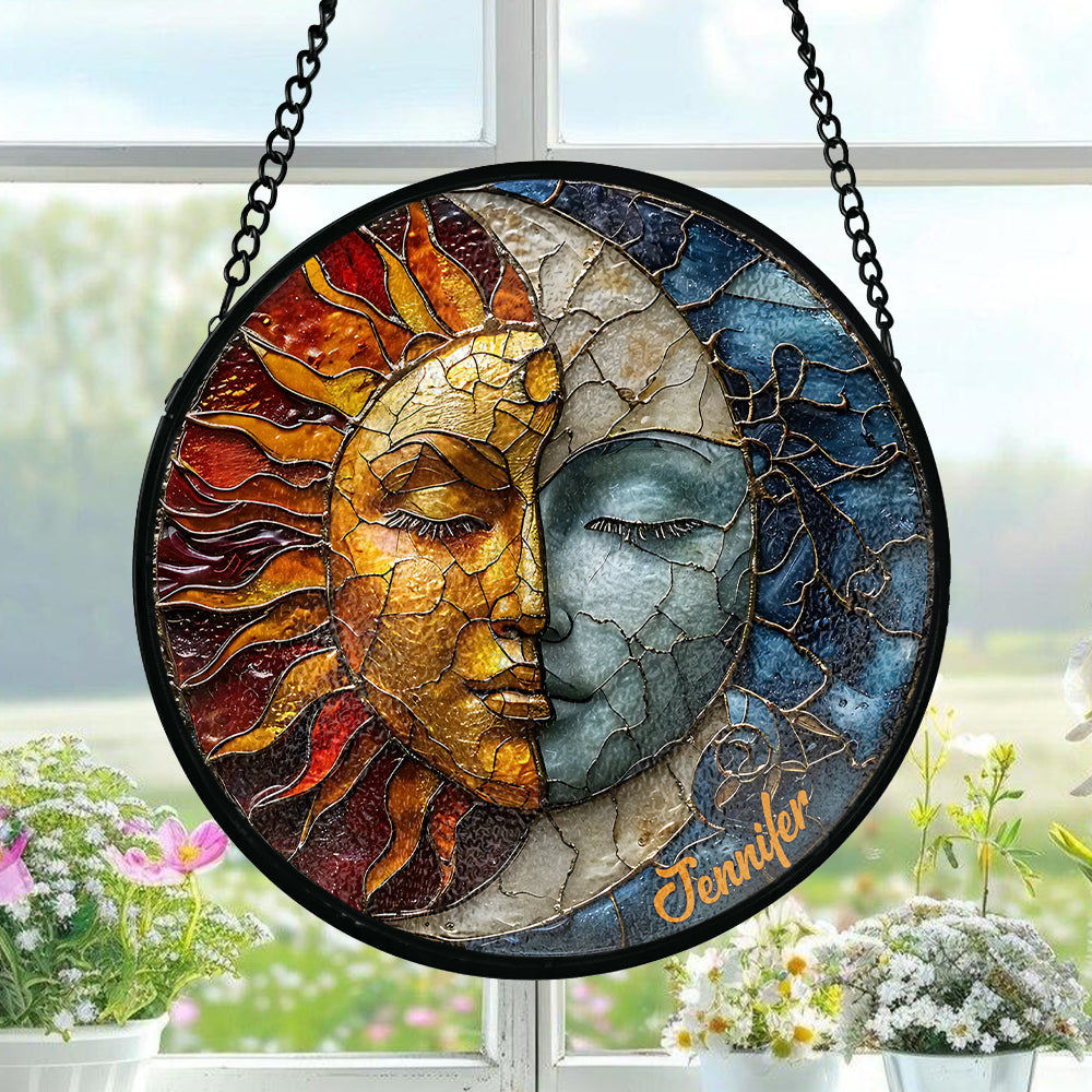 Live By The Sun Love By The Moon - Personalized Hippie Stained Glass Suncatcher