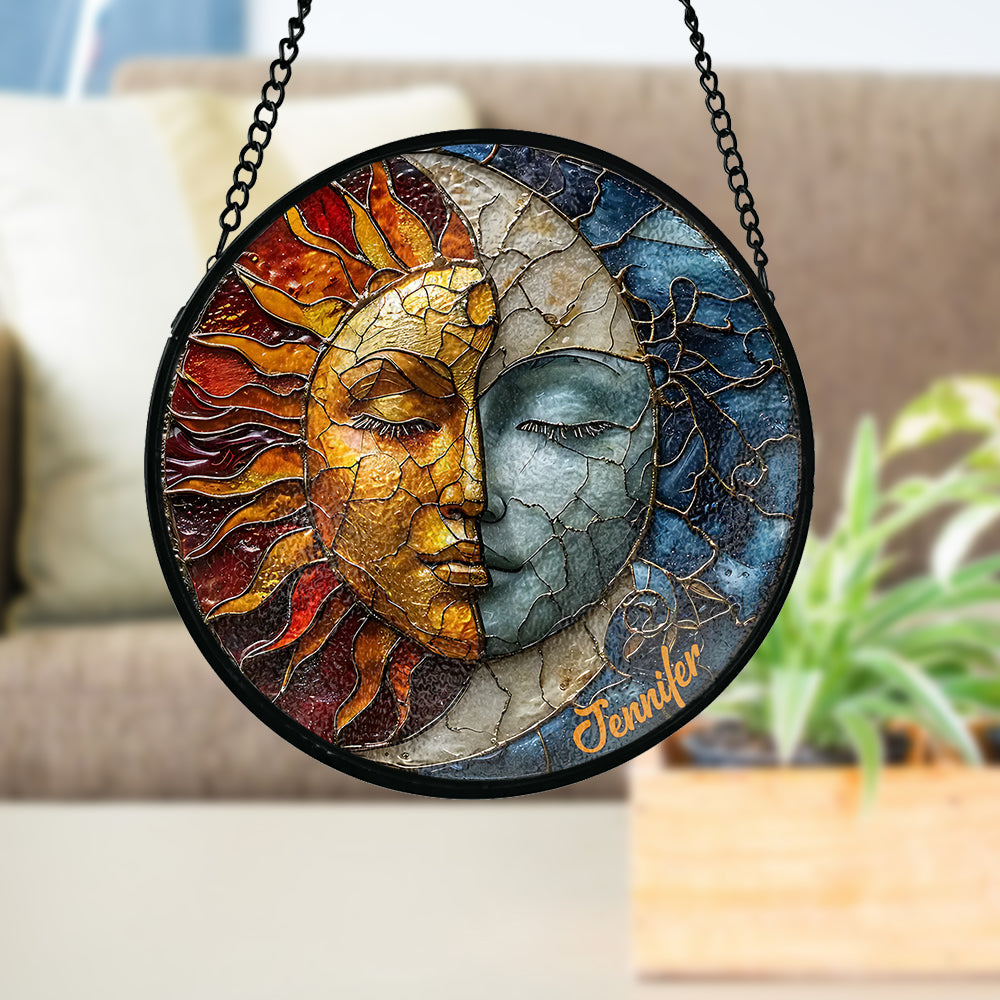 Live By The Sun Love By The Moon - Personalized Hippie Stained Glass Suncatcher