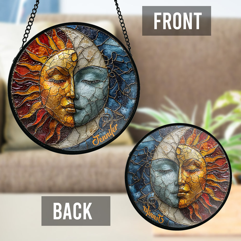 Live By The Sun Love By The Moon - Personalized Hippie Stained Glass Suncatcher