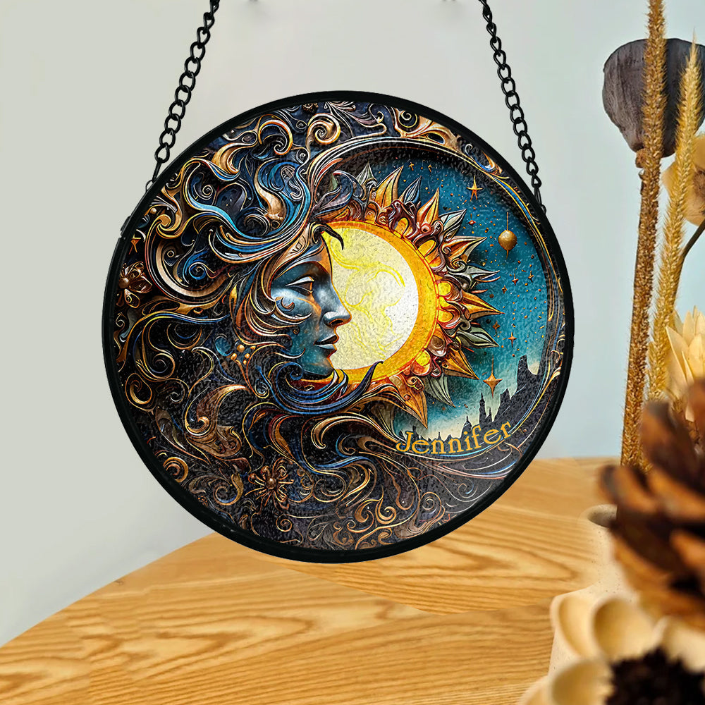 Live By The Sun Love By The Moon - Personalized Hippie Stained Glass Suncatcher