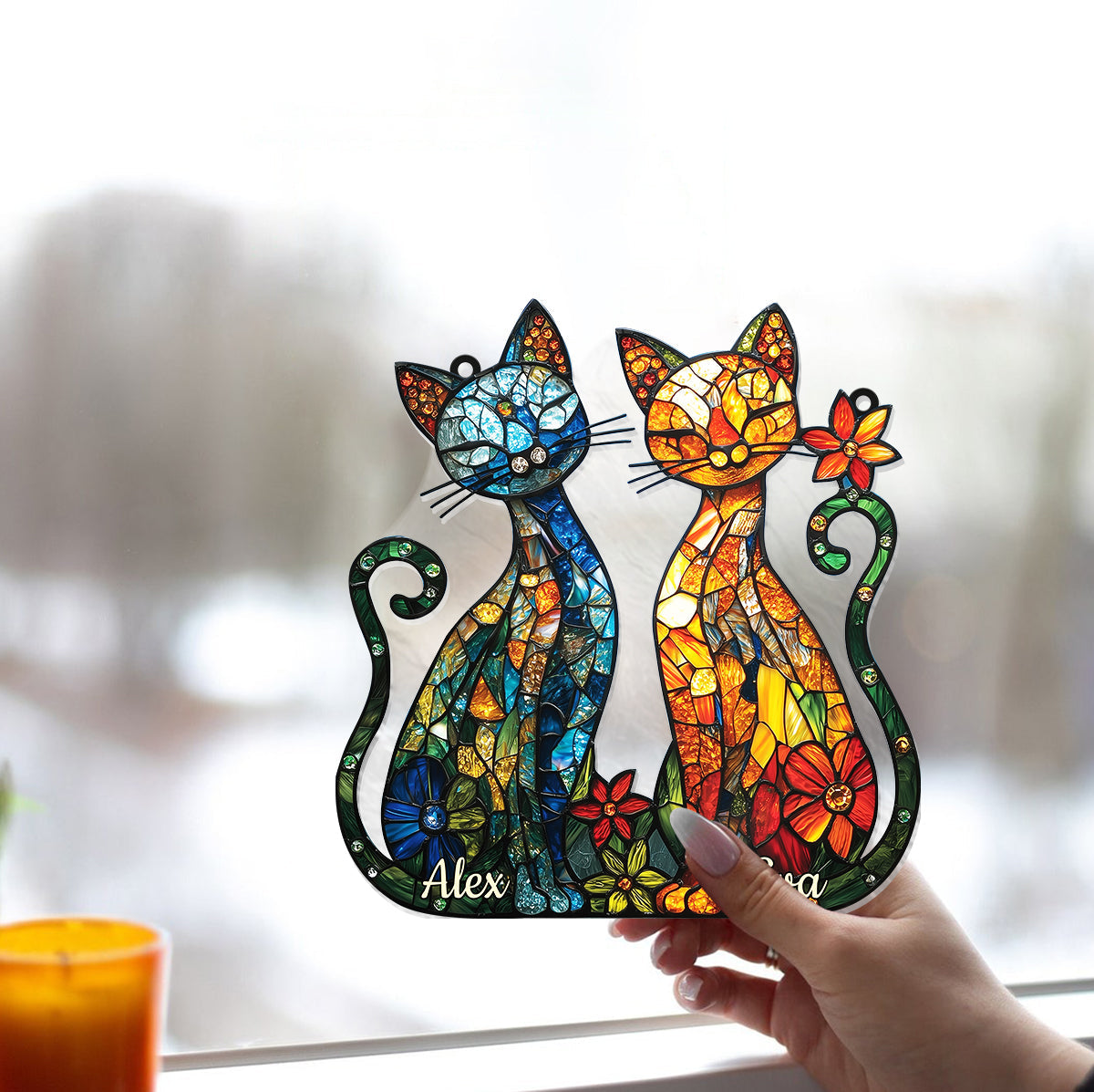 Stunning Cat Couple - Personalized Cat Window Hanging Suncatcher Ornament
