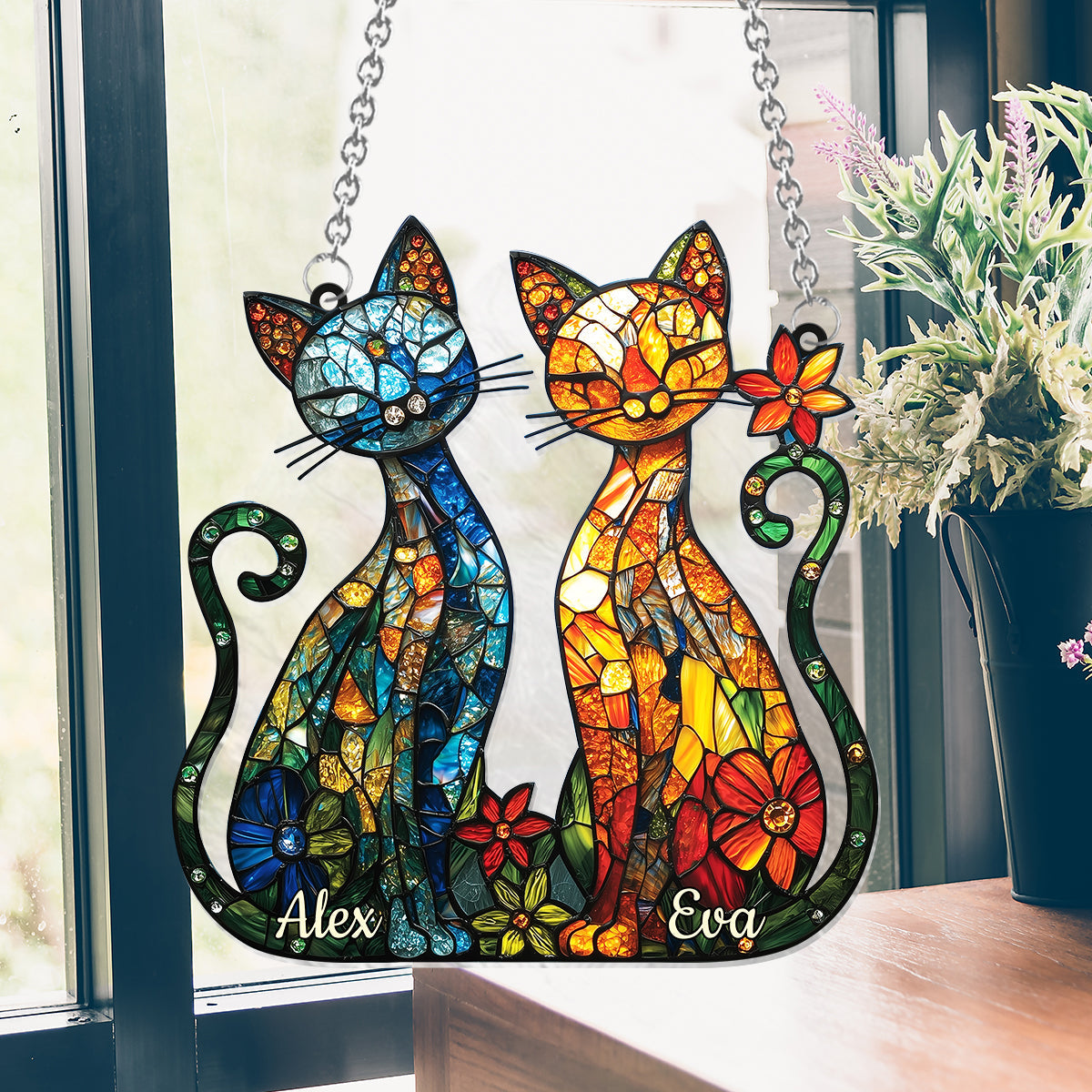 Stunning Cat Couple - Personalized Cat Window Hanging Suncatcher Ornament