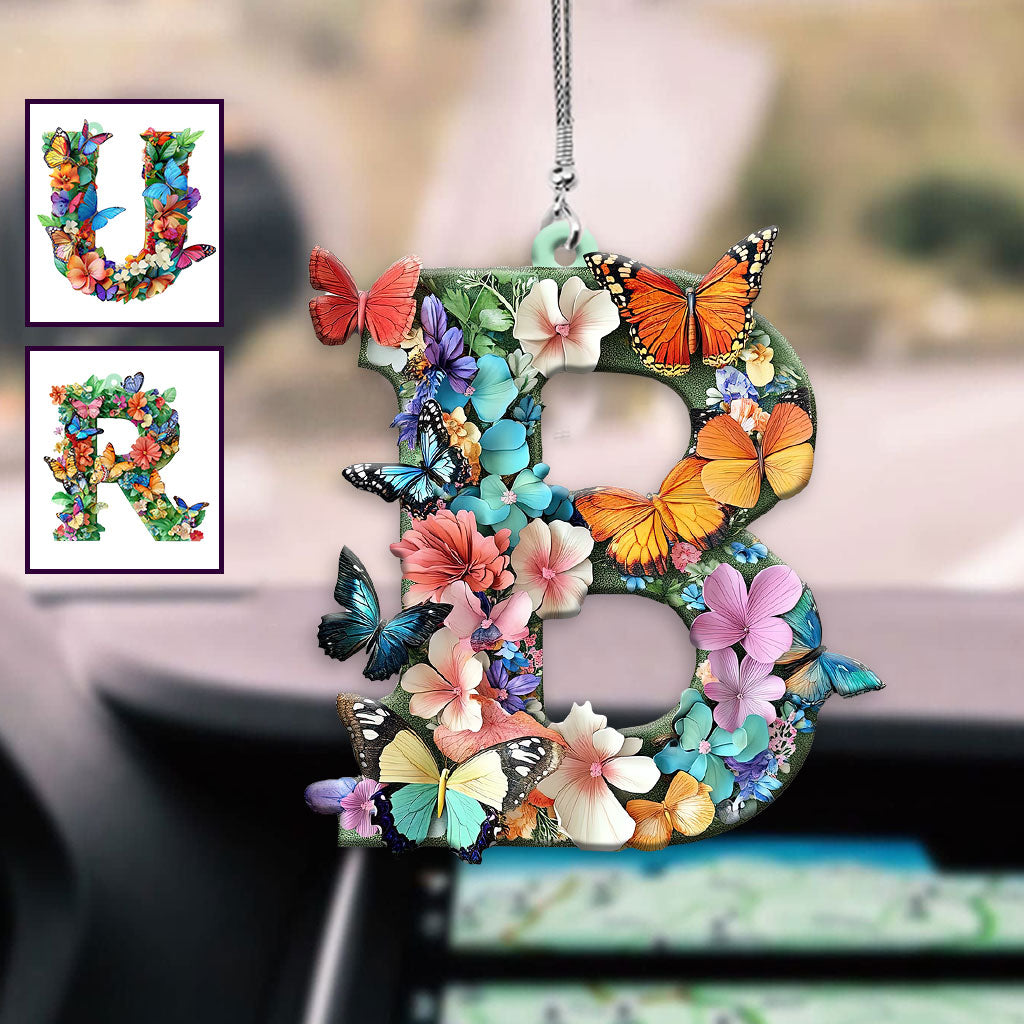 Flowers And Butterflies Letter - Personalized Butterfly Car Ornament