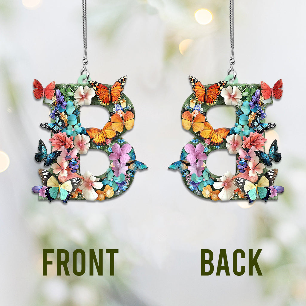 Flowers And Butterflies Letter - Personalized Butterfly Car Ornament