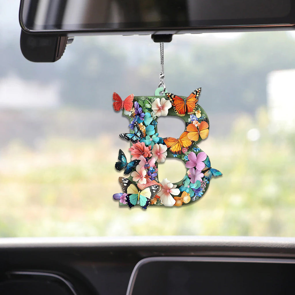 Flowers And Butterflies Letter - Personalized Butterfly Car Ornament