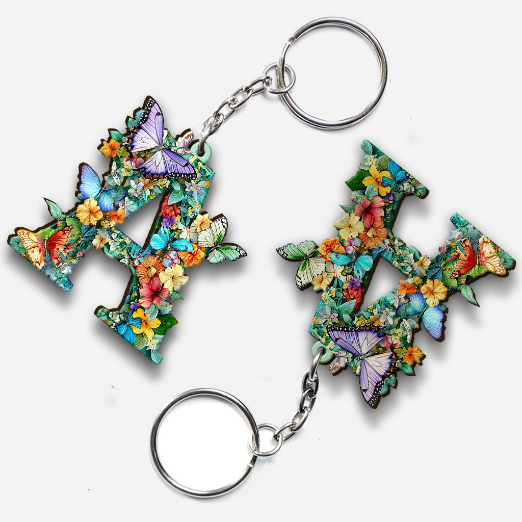 Flowers And Butterflies Letter - Personalized Butterfly Keychain