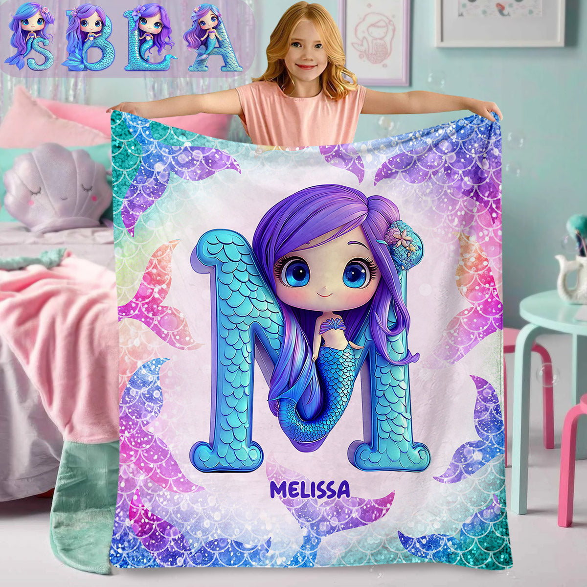Adorable Mermaid Letter - Personalized Kid Blanket