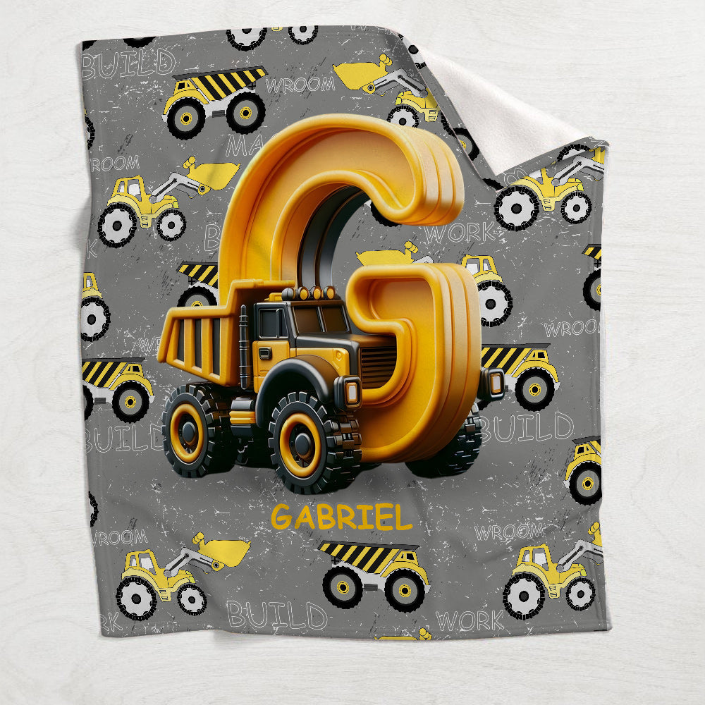 Construction Vehicles Letter - Personalized Kid Blanket