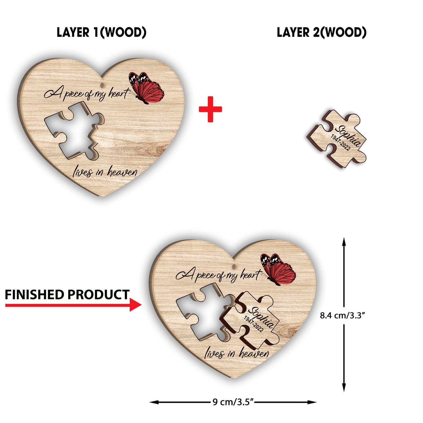 A Piece Of My Heart Lives In Heaven - Personalized Memorial 2 Layered Piece Ornament